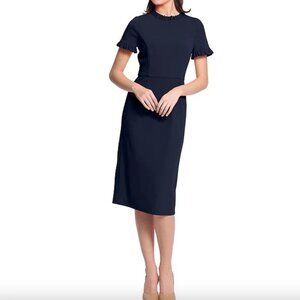 Maggy London Ruffle Neck Short Sleeve Midi Pencil Sheath-Size L, Navy